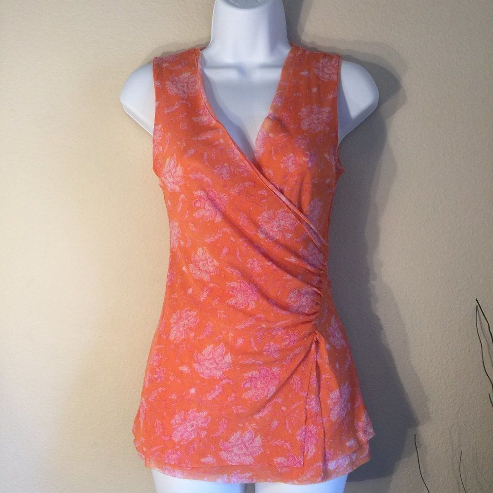 Piper & Sparrow raw hem mesh wrap top XS sleeveless apricot orange